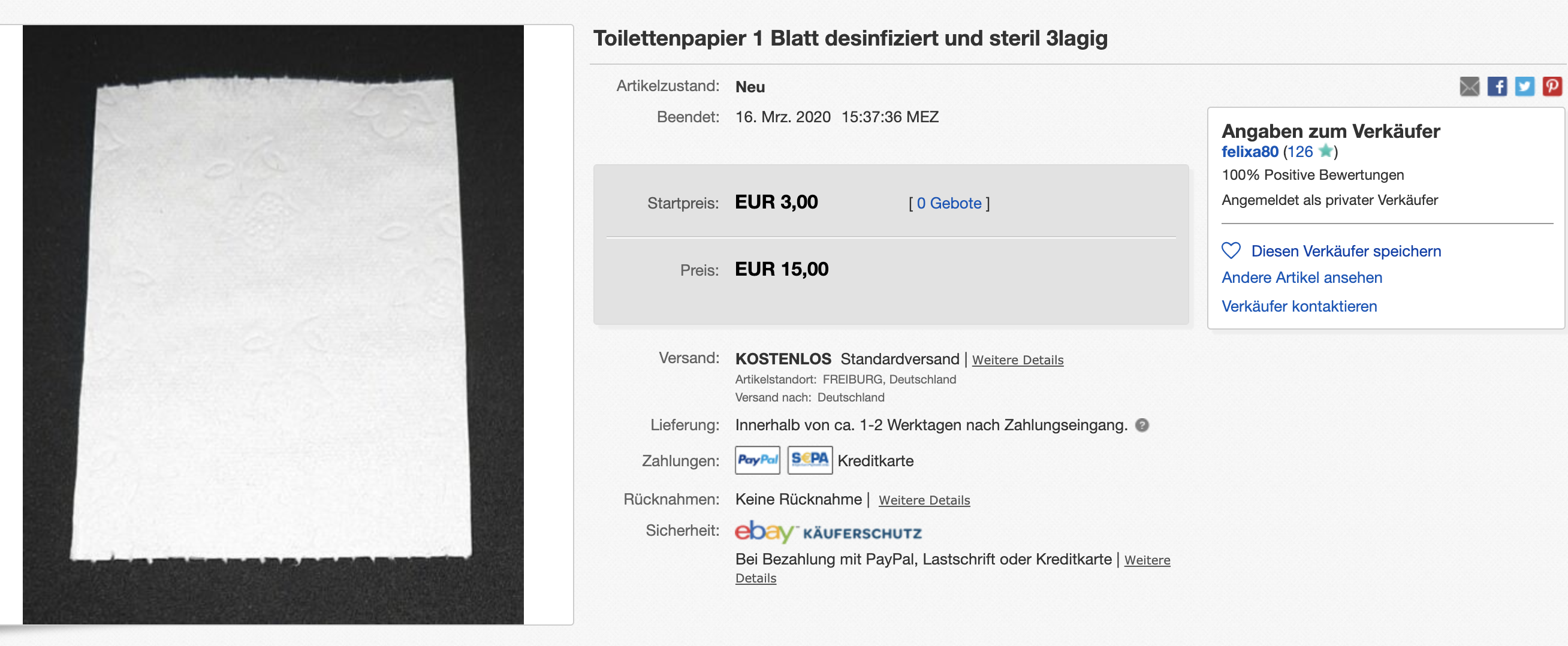 Quelle: Ebay Kleinanzeigen (Screenshot / 19.03.20.)